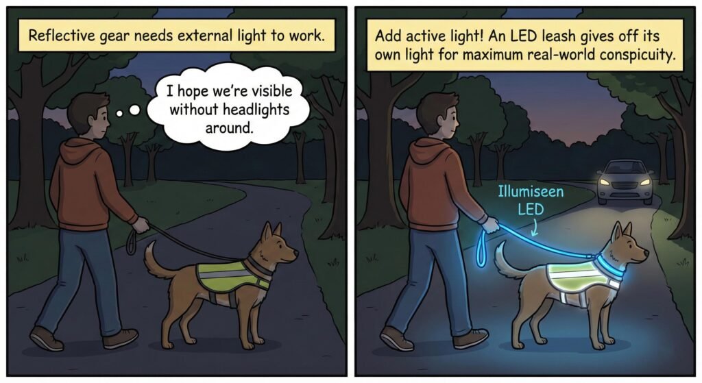 Yellow Dog Leash Buyer’s Guide: Visibility, Hardware and Comfort 2 An LED leash also gives off its own light so that you are seen even with no headlights copy