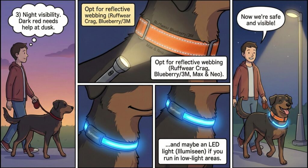 6 Best Dark Red Dog Collars Buyer’s Guide: Strong, Visible, Durable 3 Dark red needs help at dusk. Opt for reflective webbing