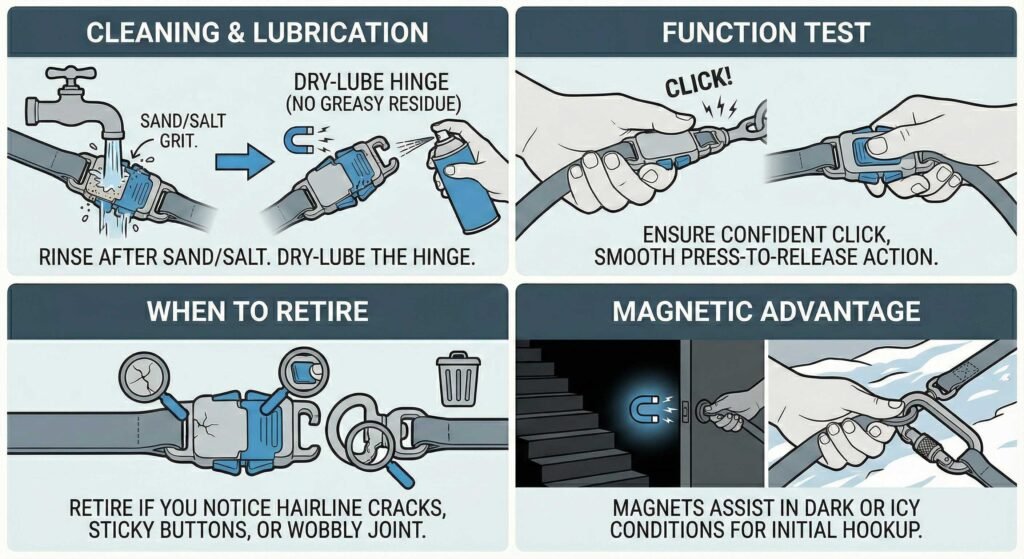 Magnetic Leash Connectors: The Easiest Way to Clip On 4 Give it a rinse after the sandsaltsnow grit kills little springs and latch channels