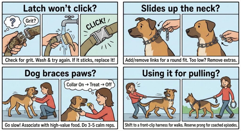 Prong Collars (ClicLock) Quick-Release Prong Collars: Safer, Faster, Easier 3 Latch wont click Look for grit wash and try again. If still sticky