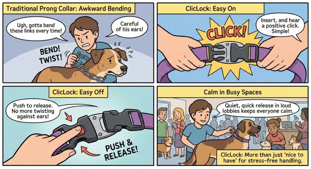 Prong Collars (ClicLock) Quick-Release Prong Collars: Safer, Faster, Easier 1 Prong collar need to be unbent and bent to open