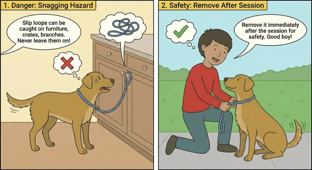 Slip Lead vs Harness: When to Use Which 4 Slip loops can be caught on furniture, crates, branches. Remove it