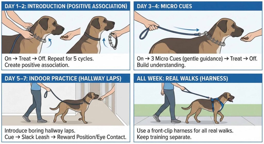 Quick-Release Prong Collars: Your Most Asked Questions Answered 2 visual of First Week Plan 10 minute
