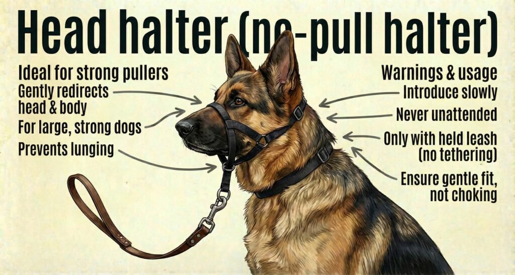 The Ultimate Guide to Dog Collars: Types, Safety & Selecting the Right Collar 4 A German Shepherd dog wearing a head halter and leash standing attentively in a grassy area
