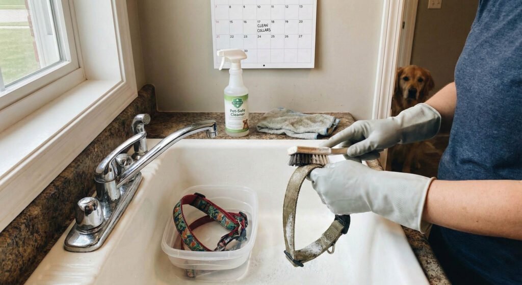 How to Find An Adjustable Dog Collar That's Right For Your Best Friend 2 A candid photograph shows a person wearing grey rubber gloves scrubbing a dirty dog collar