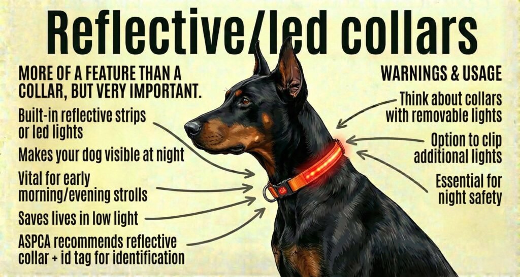 The Ultimate Guide to Dog Collars: Types, Safety & Selecting the Right Collar 9 A dog collar featuring the words reflective and LED collars prominently displayed on its surface