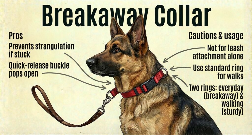 The Ultimate Guide to Dog Collars: Types, Safety & Selecting the Right Collar 6 A dog wearing a breakaway collar attached to a leash standing on a grassy area