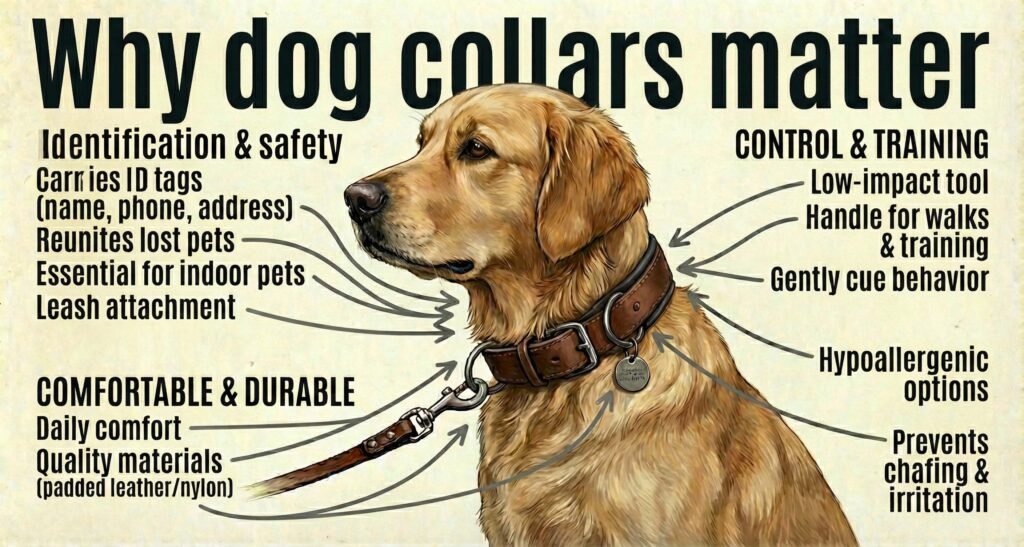 The Ultimate Guide to Dog Collars: Types, Safety & Selecting the Right Collar 1 A golden retriever wearing a dog collar is shown in the center. Annotated labels highlight reasons why dog collars matter such as safety control comfort training and material quality