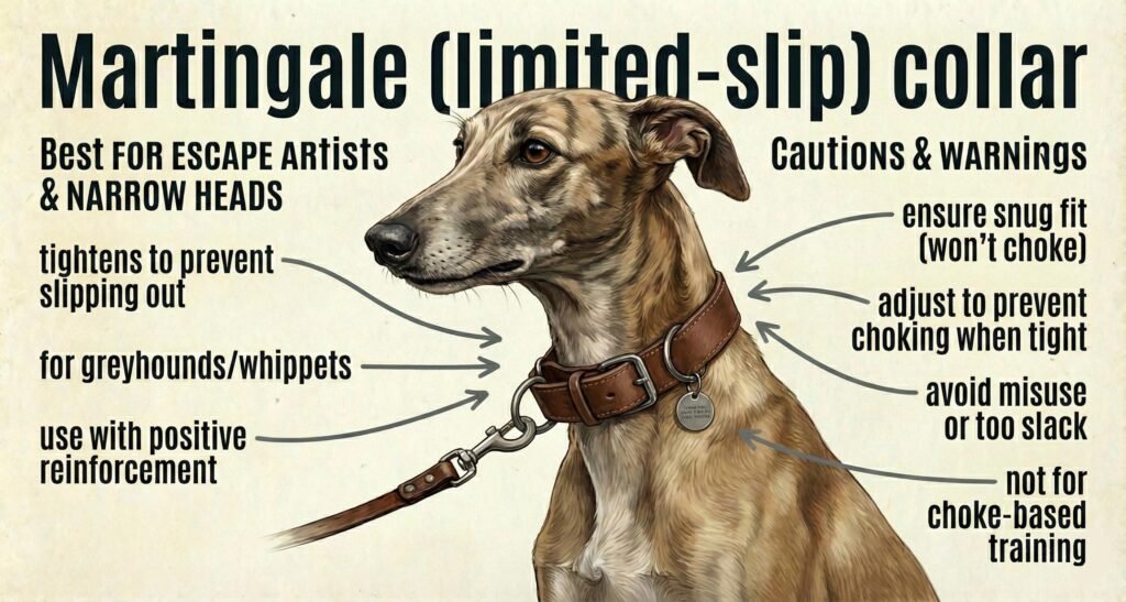 The Ultimate Guide to Dog Collars: Types, Safety & Selecting the Right Collar 3 A greyhound wears a martingale collar. Text explains its use for escape prone dogs cautions and tips for proper fit and training
