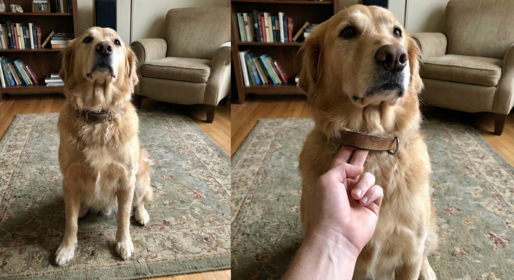 How to Find An Adjustable Dog Collar That's Right For Your Best Friend 1 A split-panel photograph shows a golden retriever dog sitting on a rug on the left, and a close-up of a person's hand checking the fit of the dog's collar on the right.