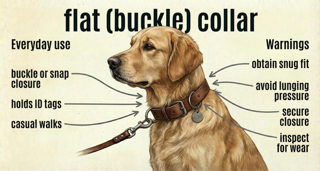 The Ultimate Guide to Dog Collars: Types, Safety & Selecting the Right Collar 2 Illustration of a dog wearing a flat buckle collar with labeled features and uses including closure type ID tag holder casual walks and fitting or safety warnings