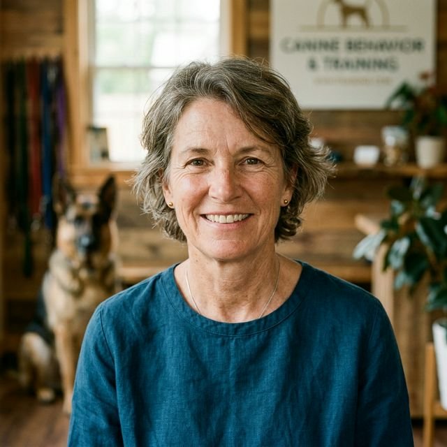 Meet the Brocia Team 3 A woman in a blue shirt sits in front of a dog, smiling and enjoying the moment together.